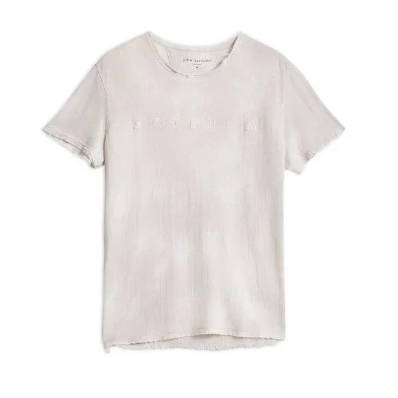 John Varvatos Men's Freedom Embroidered SS Crew T-Shirt Frayed Raw Edges Salt S
